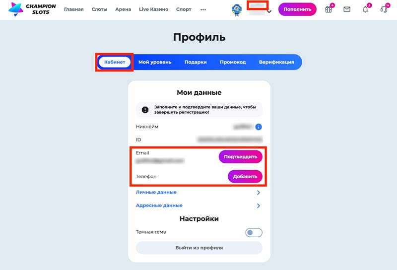 Личный кабинет пользователя